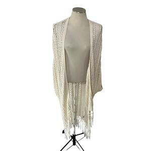 Cream Fringe Knit Crochet Long Cardigan Sweater Sz M/L Boho Coverup